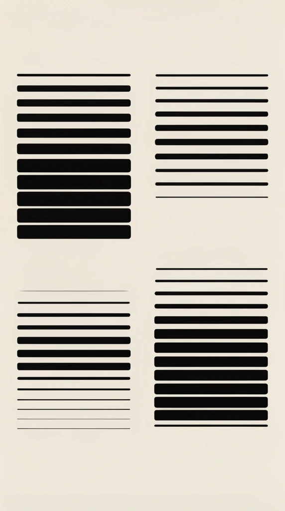 minimalist two-column grid layout, solid cream background, abstract black horizontal graphic groupings, varying stroke weights from bold to light, balanced negative space, clean modernist design