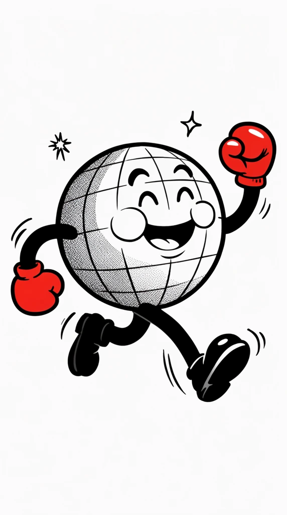 An anthropomorphic globe mascot in a 1930s rubber-hose animation style runs energetically across a stark white background. The spherical body features a geometric grid pattern with dense halftone dot shading on its left hemisphere. A cheerful face displays closed curved eyes, large round cheeks, and a laughing mouth. Thin black noodle-like arms end in bright red boxing gloves, with one fist pumped triumphantly upward. The striding black legs and shoes are surrounded by curved motion lines, while small star-shaped sparkles float around the head. Thick bold ink outlines and a stark black, white, and red color palette define the retro illustration.