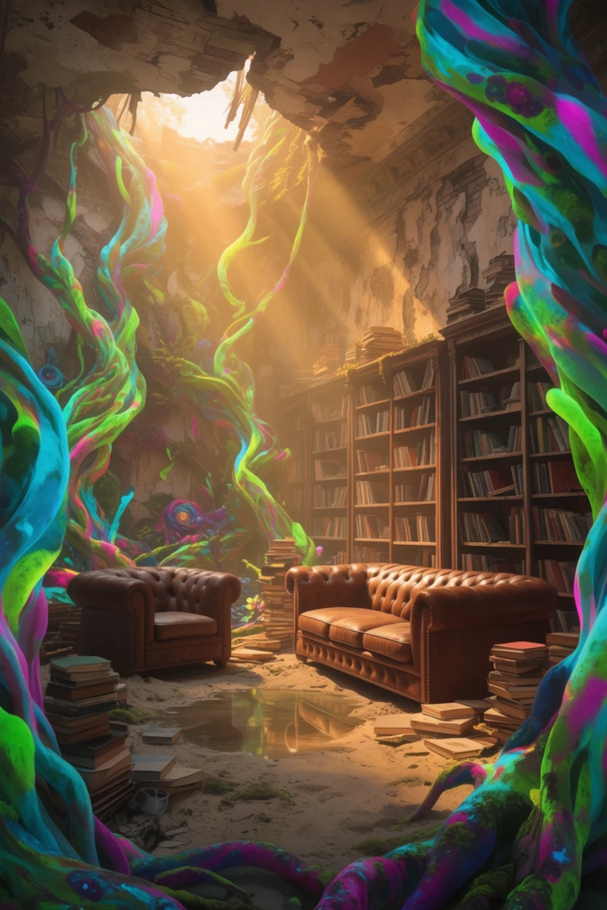 Surreal decaying library interior, massive neon cyan, lime green, and magenta organic vines erupting through crumbling walls, tufted brown leather Chesterfield sofa and armchair, dramatic golden sunlight beaming through a jagged ceiling hole, tall wooden bookshelves filled with books, scattered book stacks on a sandy floor, reflective puddle, thick swirling alien plant trunks framing the foreground, striking contrast of earthy browns and psychedelic neons, detailed fantasy digital art, volumetric lighting
