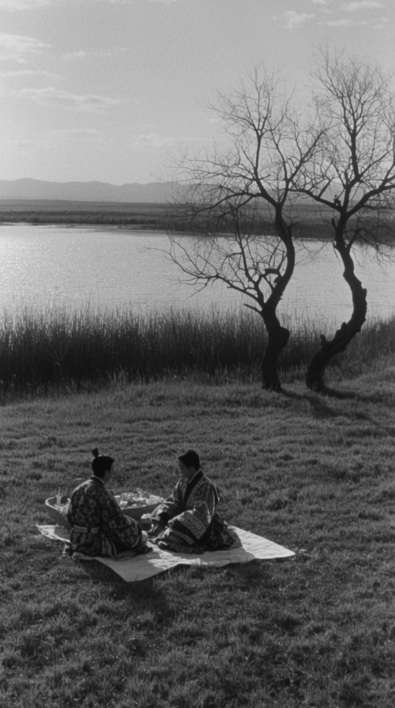 vintage black and white film still, wide cinematic shot of two figures in traditional patterned robes picnicking on a light rectangular blanket, vast textured grassy field, calm shimmering lake bordered by dense tall reeds, two prominent bare twisting trees with intricate branches silhouetted against the water on the right, low distant mountain range across the horizon, pale sky with subtle clouds, heavy grainy film texture, soft diffused natural lighting, high contrast monochromatic palette, classic cinematic composition, deep depth of field