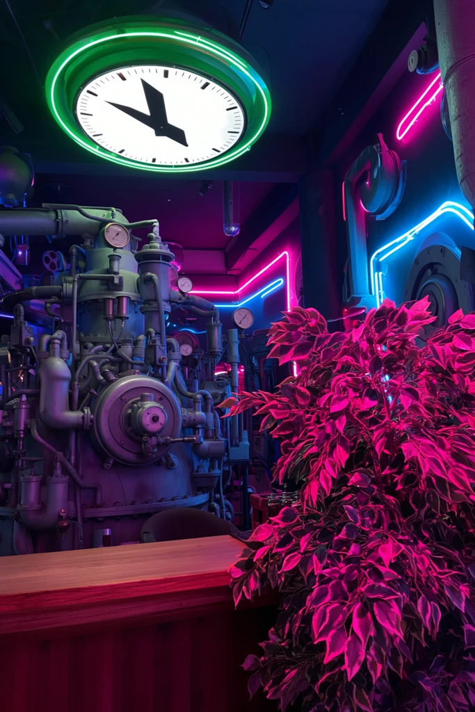 A dimly lit industrial interior space is heavily illuminated by contrasting magenta and cyan neon lights. In the right foreground, a dense leafy plant glows under intense pink illumination beside a smooth wooden counter. Behind the counter rests a massive, complex piece of vintage machinery constructed from matte gray metal, featuring interlaced pipes, metallic gauges, and a prominent circular mechanical housing. Suspended from the dark ceiling is a large illuminated white circular dial with black angular hands, encircled by a bright green glowing ring. The background features glowing pink and blue neon light tubes arranged in abstract shapes against dark walls, enhancing the moody, retro-futuristic cyberpunk atmosphere of the cluttered mechanical environment.