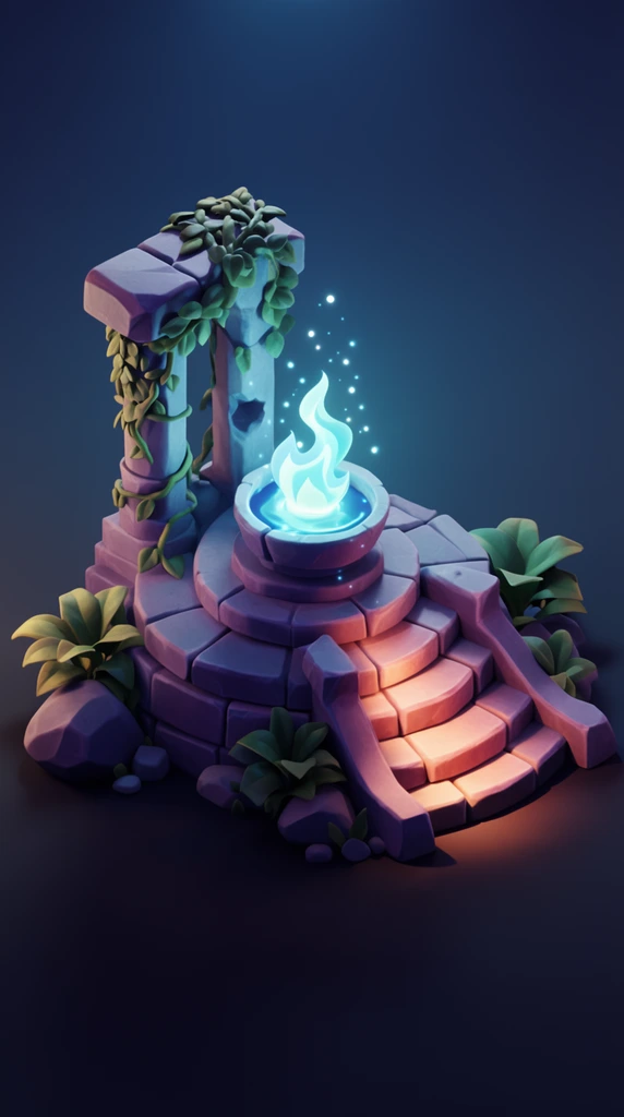 Isometric 3D render of a magical stone altar against a dark blue void. A central basin on tiered purple masonry holds glowing liquid, emitting a stylized cyan flame and floating sparks. Curved steps lead to a vine-draped ruined pillar. Broad-leaf plants and smooth rocks flank the base. Dramatic dual lighting contrasts bright cyan emissions from the fire with a warm orange ambient underglow illuminating the stairs. Rendered with smooth clay-like textures and clean geometry in a stylized fantasy aesthetic.