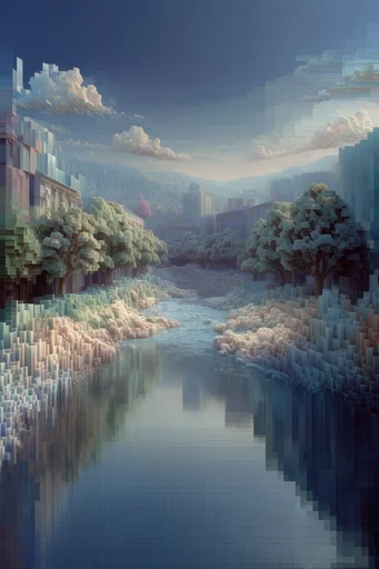 Recursive Voxel Surrealism style reference image — voxelized extrusion