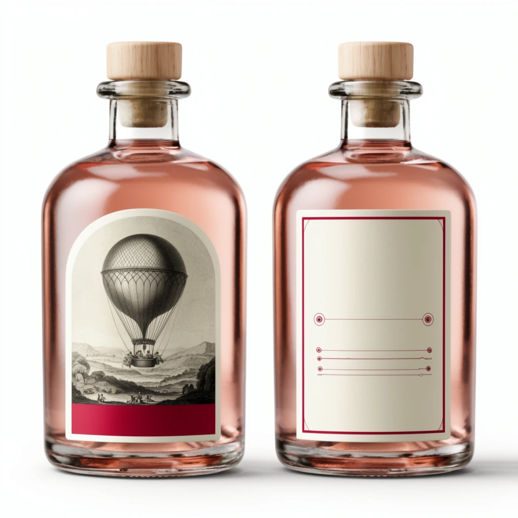 Two squat glass bottles with rounded shoulders sit side-by-side against a pristine white background, filled with translucent rose-gold liquid. Both are sealed with light wooden T-corks. The left bottle features an arched off-white front label showcasing a vintage black-and-white etching of a hot air balloon over a hilly landscape, anchored by a solid crimson band. The right bottle displays a rectangular back label with a crimson border enclosing structured graphical lines and tiny circular symbols. Captured in high-end commercial product photography with soft studio lighting, creating crisp glass reflections and delicate drop shadows.