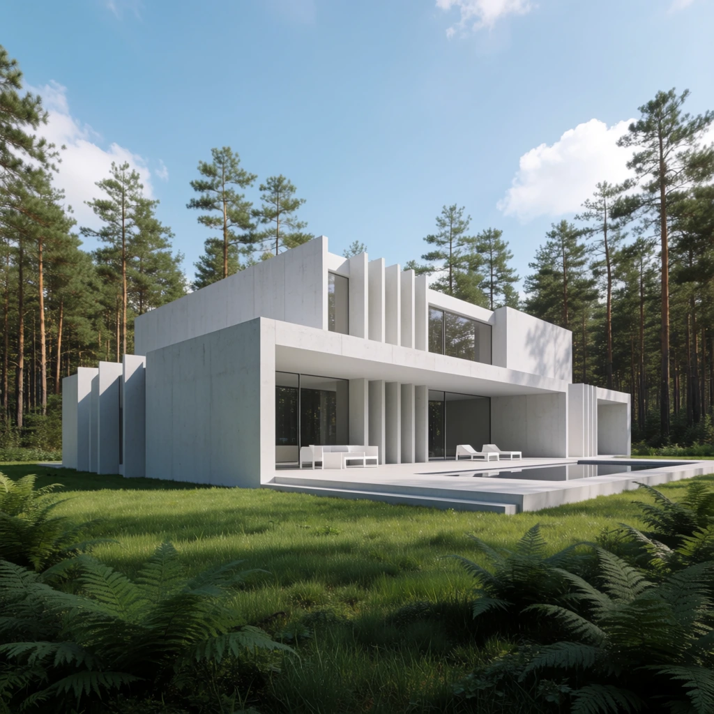 A modern minimalist house in a pine forest featuring geometric white concrete walls, vertical fins, and large glass windows. A covered patio holds white furniture beside a sleek pool. Green grass and ferns fill the foreground under a bright blue sky in this crisp, photorealistic architectural render.