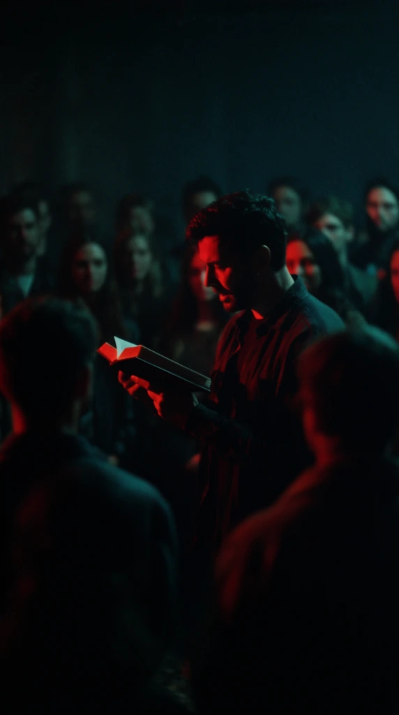 A man reads aloud from a book to a surrounding crowd in a dark, moody environment illuminated by contrasting deep teal and harsh red cinematic lighting. The man stands in sharp focus in the mid-ground, holding an open book, his posture angled slightly downward toward the pages. A stark, vivid crimson light strikes him from the side, casting heavy, dramatic black shadows across his features and clothing. A dense crowd of listeners surrounds him, their forms rendered as soft, heavily blurred silhouettes due to an extremely shallow depth of field. The out-of-focus figures recede into both the extreme foreground and background, swallowed by deep, enveloping darkness. The scene is saturated in a neo-noir color palette, with the ambient environment bathed in a cold, dark cyan hue that sharply contrasts with the aggressive red highlights. The composition features a gritty, high-contrast visual texture with prominent film grain, mimicking the raw, low-key lighting and atmospheric grading of a dark, suspenseful cinematic thriller.