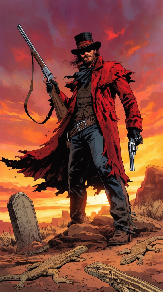 tall gunslinger in tattered red coat and black top hat, holding rifle and revolver, rocky desert sunset, scattered lizards, weathered gravestone, dramatic wind, comic art