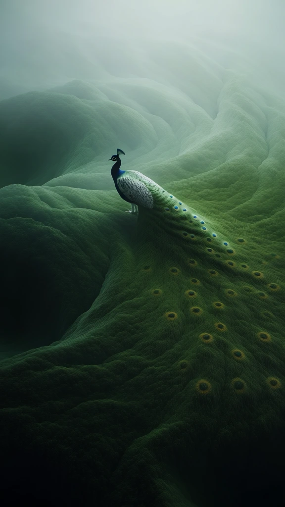 surreal cinematic aesthetic, velvety and soft textures, misty ethereal atmosphere, high-angle perspective, deep emerald green tones, moody lighting, a majestic peacock perched gracefully among vibrant golden sunflowers and lush pastel peonies, a minimalist architectural logo subtly integrated, hyper-realistic details, dreamlike quality, soft diffused lighting, rich saturated colors, clean expansive composition, organic flowing shapes, ethereal glow.