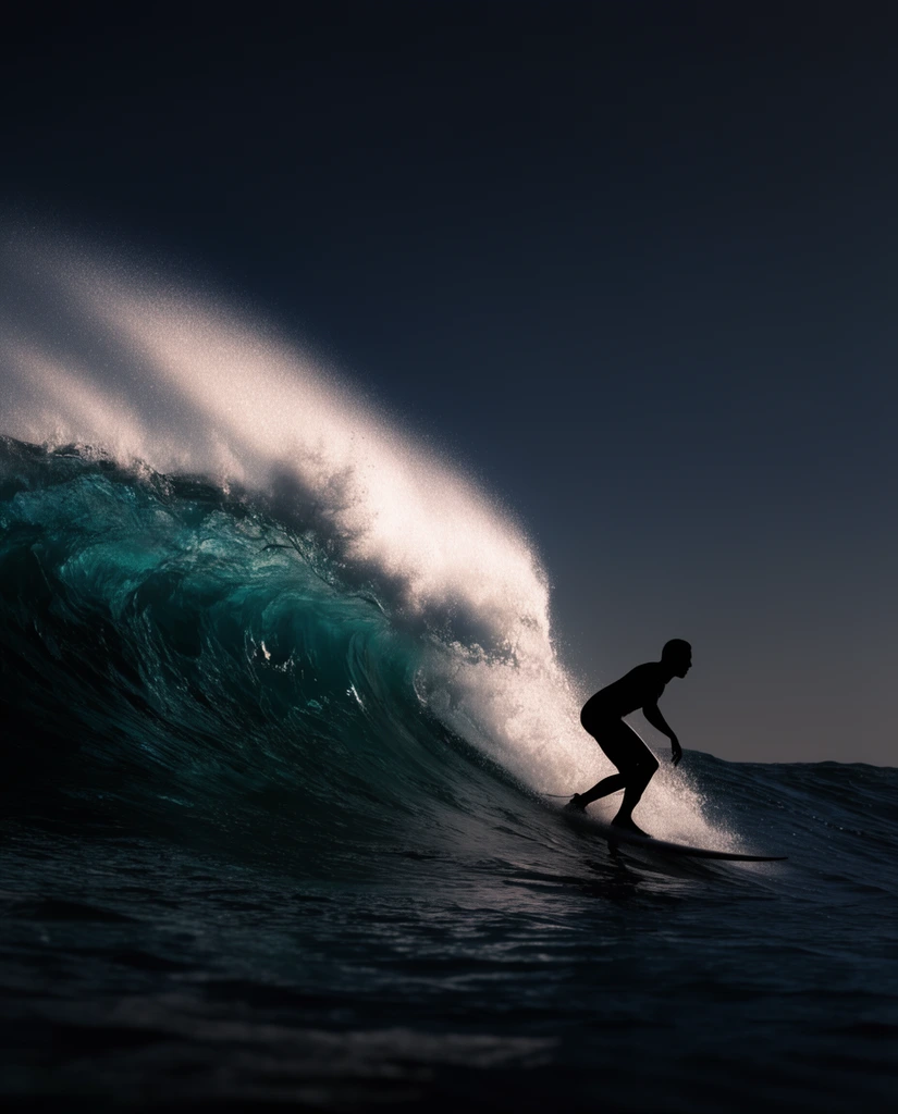 A solitary silhouetted surfer navigates a massive, cresting ocean wave beneath a vast, dark twilight sky. The towering wave curls from the left in deep translucent teal, capped with glowing white spray blowing violently backward. Dramatic high-contrast lighting isolates the crest within a minimalist, moody deep-sea composition.