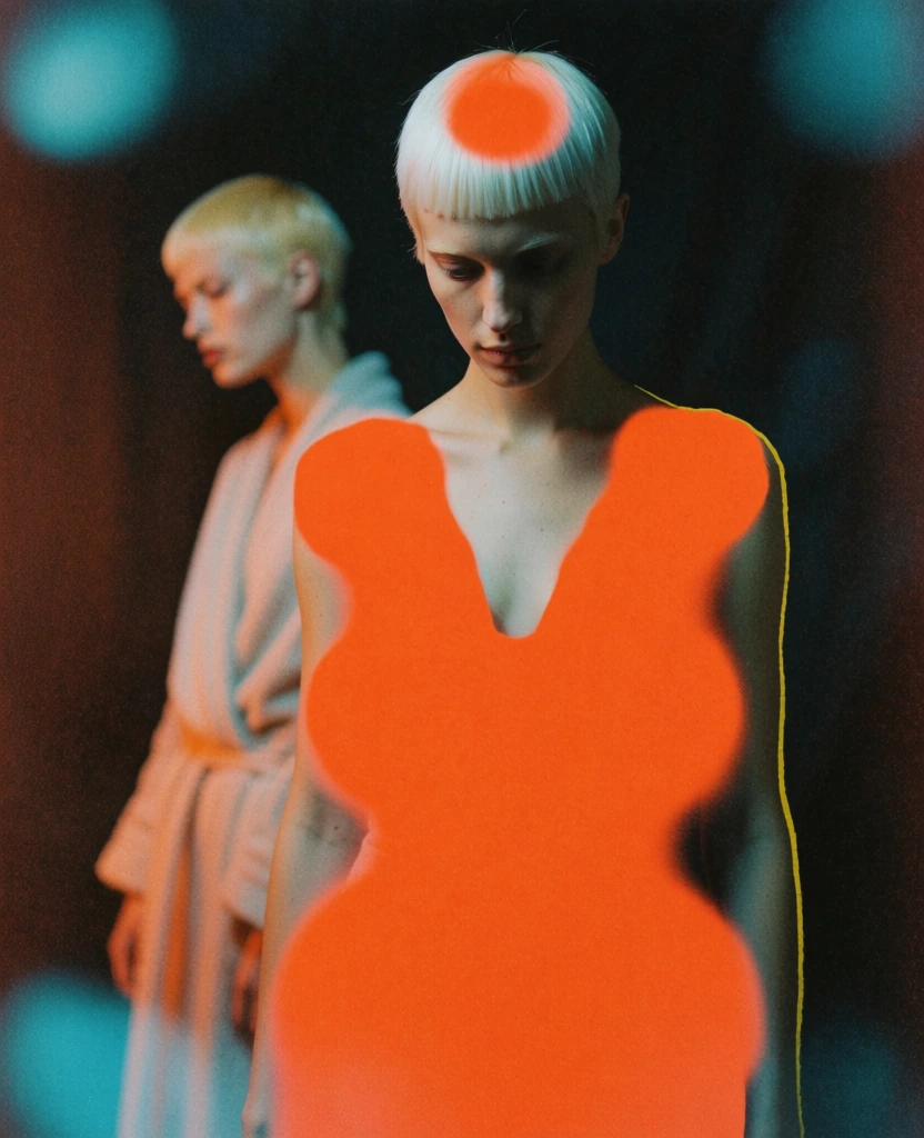 An artistic fashion portrait features two figures with short hair in a dark, grainy environment, dominated by a large, glowing orange graphic overlay on the foreground person's torso. The primary subject is a person in the foreground with short, platinum blonde hair styled in a straight fringe, looking downward with a neutral expression. Their torso is covered by a large, vibrant orange, cloud-like shape with soft, blurred edges that mimics the form of a sleeveless garment with a deep V-neckline. A smaller, circular orange blotch is positioned on the top of their head. A thin yellow line outlines the right side of their body against the dark backdrop. In the background, a second figure with similar short blonde hair is positioned slightly to the left and looking away. This figure is out of focus and wears a light-colored, draped robe. The environment is a dark, textured space with subtle cyan and teal bokeh highlights in the upper and lower corners. The overall image possesses a heavy film grain texture, creating a lo-fi, experimental aesthetic. The lighting is dramatic, with the figures partially illuminated against the deep black and dark brown shadows of the backdrop. The color palette is restricted to high-contrast tones of saturated orange, cyan, black, and pale skin tones.
