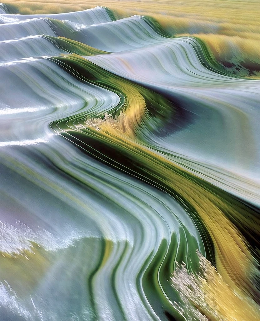 long exposure photography of seven minimalist wind turbines in a field, fluid kinetic blur, laminar flow textures, rhythmic sweeping arcs of emerald green and chartreuse, golden straw highlights, overlaid with precise graphic lines following the viscous motion, painterly gestural strokes, abstracted organic forms, soft focus, ethereal silken highlights, iridescent sheen, high-motion distortion, organic minimalism, liquid glass finish.
