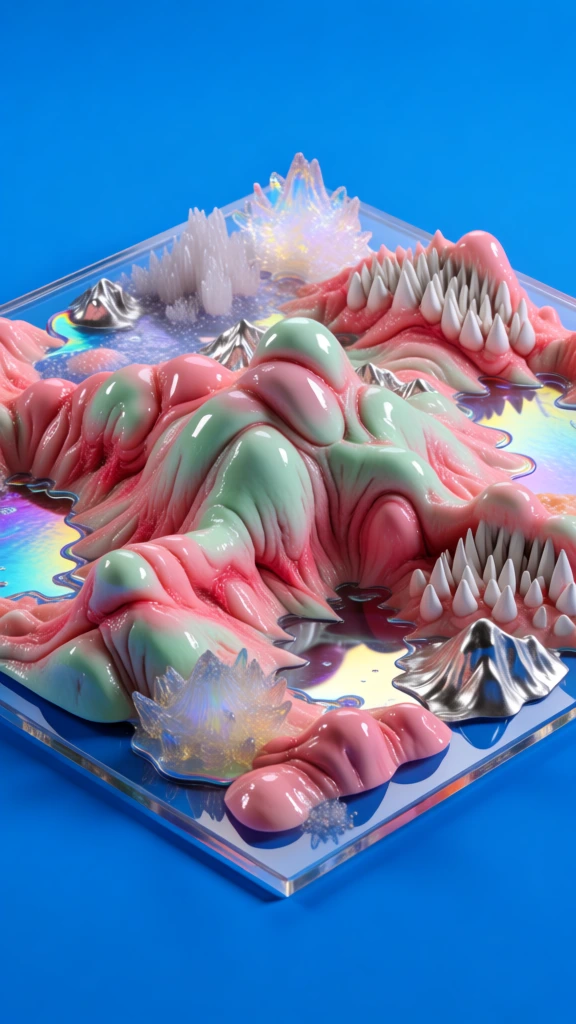 landscape on a transparent glass platform, surreal topography of fleshy pink and mint green hills, slimy visceral textures, high-gloss finish, crystalline formations and organic toothy ridges, miniature metallic silver peaks, vibrant solid blue background, bright clinical studio lighting, sharp specular highlights, hyper-realistic macro photography aesthetic, crowded and claustrophobic composition, saturated pastel palette, iridescent liquid pools, grotesque organic shapes