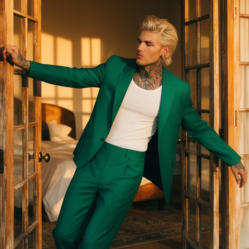 tattooed blonde man in an emerald green suit and white tank top, dynamic leaning pose spanning open wooden french doors, warm golden hour lighting, cinematic bedroom interior, geometric wall shadows, fashion editorial style