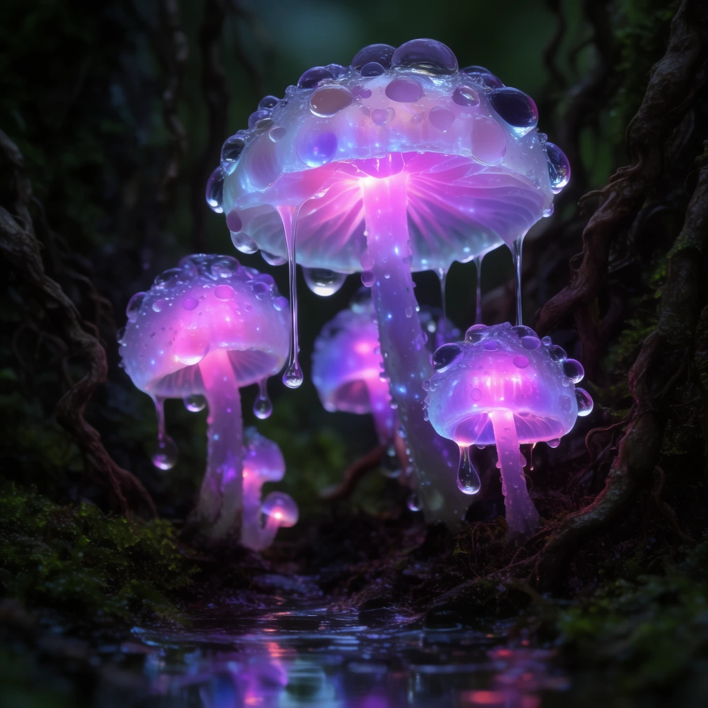 bioluminescent translucent mushrooms, neon pink and purple internal glow, large water droplets, viscous drips from caps, dark mossy forest floor, twisted roots, reflective puddle, macro photography, shallow depth of field