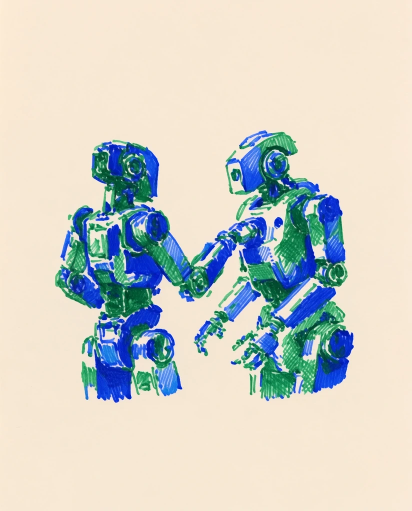 Two robots interacting, with one extending a mechanical arm to touch the second, rendered as a rough, two-color ink illustration centered on a vast, flat cream-colored background. The illustration is constructed exclusively from vivid cobalt blue and emerald green ink strokes. The mechanical bodies, joints, and interlocking plates of the figures are formed entirely through expressive, jagged hatching, dense scribbling, and stippled marks. Patches of intense blue ink merge with dense clusters of green cross-hatching to define the volume and structural details of the interacting machines. The raw, textured felt-tip pen aesthetic yields rough, uneven boundaries around the subjects, allowing the warm, solid off-white negative space of the surrounding canvas to sharply contrast with the highly saturated, dual-tone linework.