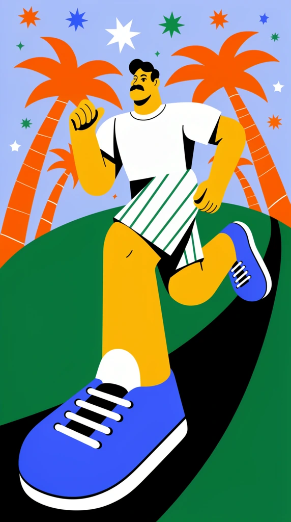 yellow-skinned man running, oversized foreground blue sneaker, striped shorts, mustache, curving black path, green hill, orange palm trees, floating geometric stars, retro vector illustration, vibrant colors