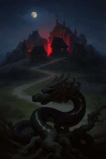 Chiaroscuro Nocturnal Fantasy style reference image — monumental scale