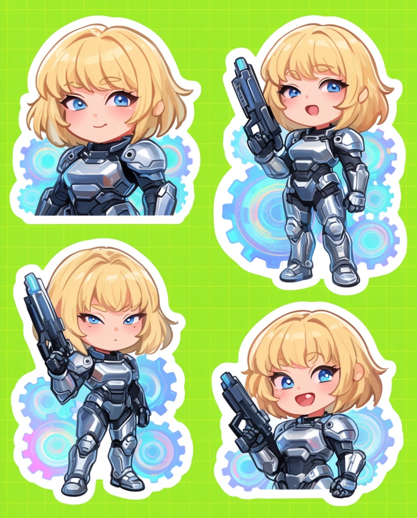 Sticker sheet, short-haired blonde female sci-fi soldier, silver futuristic armor, expressive chibi poses, holographic gears, neon green grid background