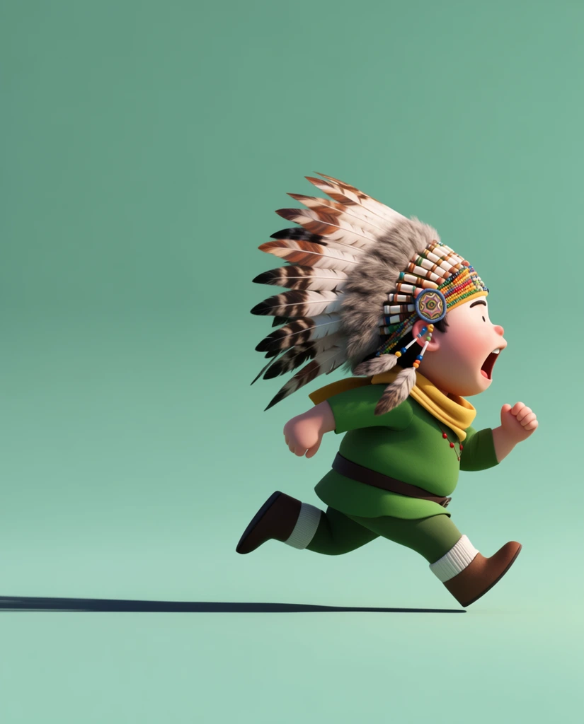 A stylized 3D cartoon render features a plump boy wearing a large feathered headdress sprinting across a solid mint-green backdrop. The boy leans sharply forward in a dynamic, exaggerated running stride, with one arm swung forward and his mouth wide open. His elaborate headpiece features tall feathers with brown, white, and black banding, attached to a colorful beaded headband adorned with a geometric circular medallion and dangling beads. He is dressed in a vibrant green long-sleeved tunic, a thick yellow scarf around his neck, a dark brown belt, matching green trousers, and brown boots paired with ribbed white socks. Rendered with clean, polished 3D animation aesthetics, the minimalist environment consists solely of a seamless teal-green studio sweep. Crisp lighting from the upper right illuminates the character, casting a stark, elongated dark shadow that stretches far to the left across the pristine floor, highlighting the energetic forward momentum of the side-profile pose.
