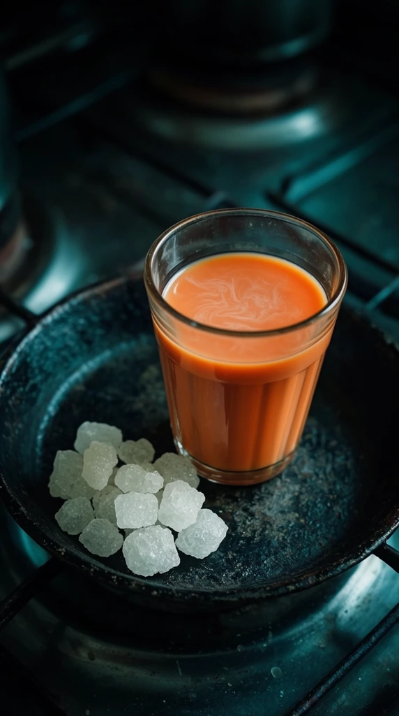 A faceted glass of vibrant, creamy orange tea rests on a textured black metal pan beside a small cluster of jagged, translucent white rock sugar crystals. The shallow pan sits atop a metallic surface, with a soft-focus stove burner fading into the dark background. Cinematic macro photography employs a stark teal and orange color grade, heavily contrasting cool cyan shadows against the warm, opaque liquid. A shallow depth of field sharply captures the delicate swirling film on the tea's surface, the rough crystalline sugar, and the distressed pan, enveloping the rustic kitchen setting in deep, moody chiaroscuro lighting.