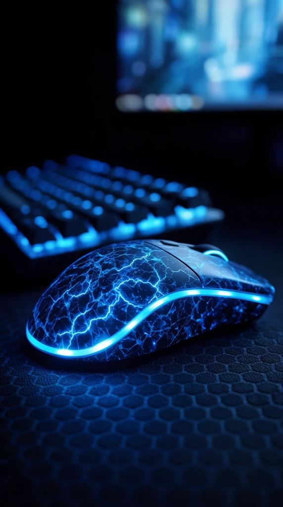 ergonomic computer mouse illuminated by a glowing blue fractured lightning pattern, bright cyan LED strip curving along its bottom edge, resting on a dark hexagonal honeycomb textured mat, extreme close-up macro photography, very shallow depth of field, heavily blurred background featuring a black mechanical keyboard with neon blue backlit keys, out-of-focus illuminated screen in the far distance, pitch-black room, monochromatic neon blue and deep black color palette, high contrast dramatic lighting, futuristic cyberpunk tech aesthetic