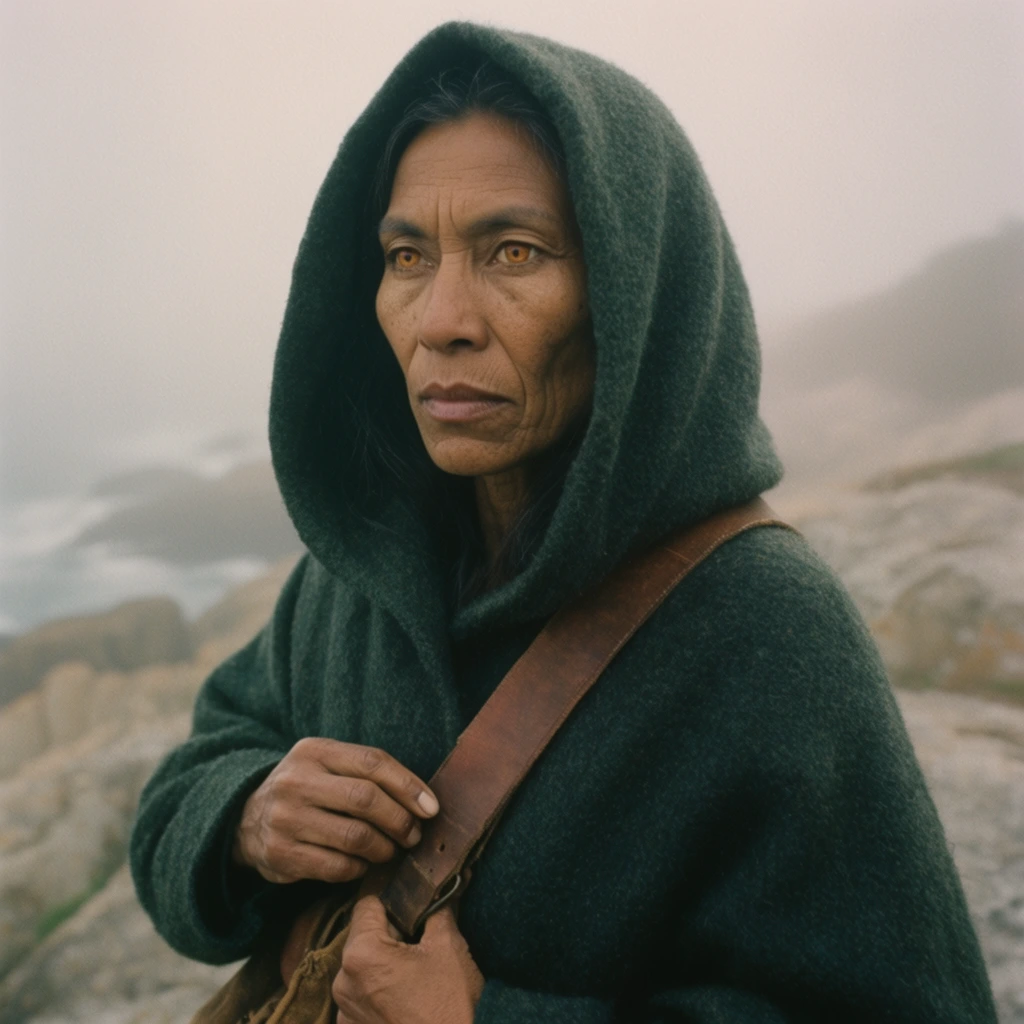 A rugged, middle-aged Indigenous American woman stands wrapped in a thick, dark green hooded woolen cloak on a misty coastal cliff. Captured in a cinematic medium close-up, she features high cheekbones, striking amber eyes, and a weathered face, adjusting the wide leather strap of a satchel across her chest. Her expression is stoic as she gazes outward. The background is an out-of-focus expanse of pale, dense morning fog rolling over barren rocks. The composition features soft, diffused natural lighting that highlights the heavy textures of the wool and the deep lines of her face. The image employs a muted color palette of slate grays and deep greens, finished with a subtle photographic film grain.