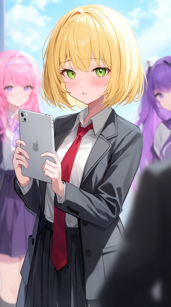 anime girl with short blonde bob and green eyes, blushing parted lips, dark grey blazer and red tie, holding a silver tablet up, two background girls with pink and purple hair, blurred foreground silhouette, bright daylight, anime illustration, shallow depth of field