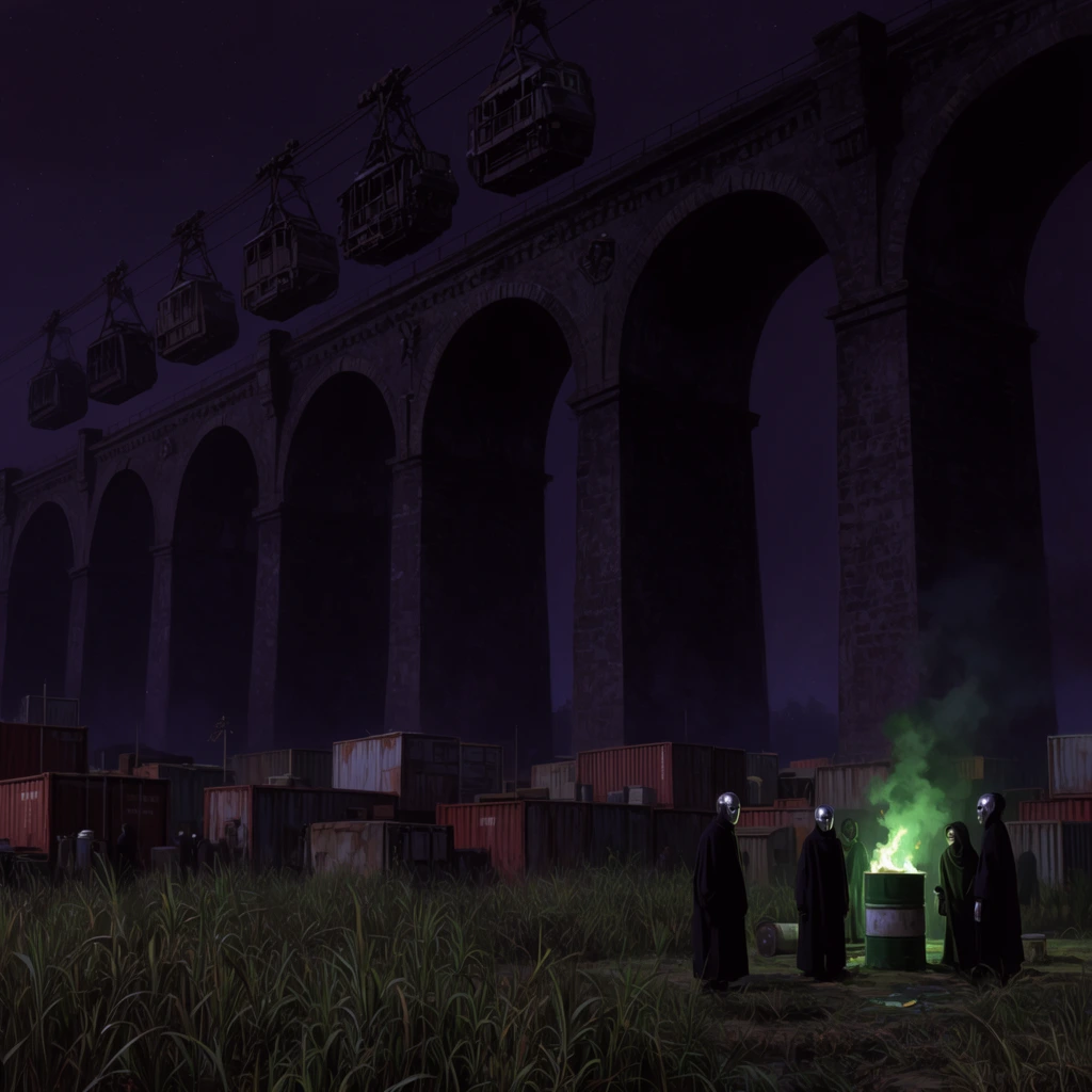 A colossal arched stone viaduct dominates the dark night sky, carrying a line of heavy industrial gondolas. Beneath the massive pillars, a sprawling encampment of rusty shipping containers rests among tall foreground reeds. To the right, cloaked figures in metallic masks huddle around the eerie green glow of a chemical drum fire. The cinematic, ultra-wide illustration is rendered in deep purples and blacks, contrasting the overwhelming dark architecture with the tiny spark of life below.