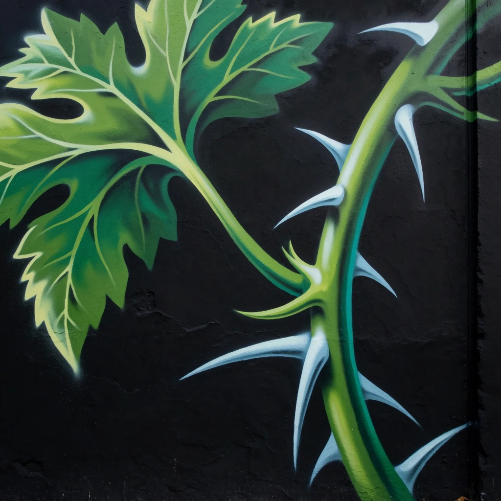 A close-up painted mural of a vibrant green vine with sharp, pale blue thorns curving against a stark, textured black wall. The thick tubular stem descends on the right, sprouting long needle-like spikes and branching out to support large, deeply lobed green leaves. The foliage features lighter green veining and pale yellowish-green edges that create a subtle glow. The stylized artwork utilizes bold colors and soft shading on the stalk to build volume, contrasting sharply with the deep matte black background. A thin vertical seam runs down the extreme right edge of the dark surface.