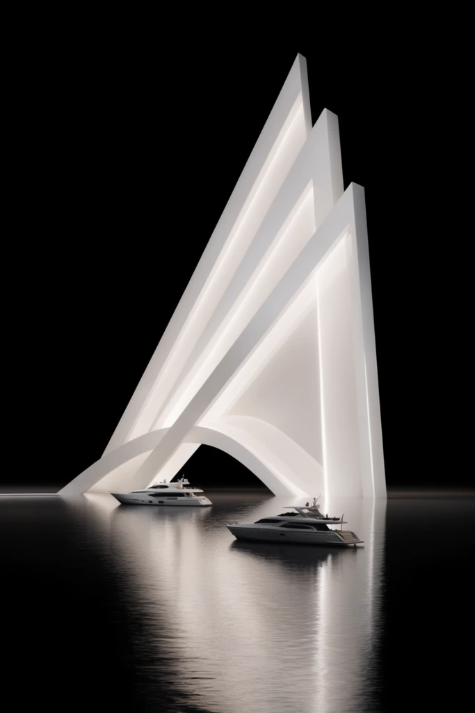 A monumental, glowing white geometric structure rises from dark water, towering over two small boats. The colossal architecture features sharp, ascending angular peaks leaning forward, supported by a sweeping curved archway. Constructed from a luminous white material, the edifice intensely illuminates the pitch-black environment. Two sleek yachts float on the calm surface, providing a sense of massive scale. The dark water acts as a mirror, casting bright, elongated reflections of the towering structure and the vessels. The scene is rendered in a minimalist, high-contrast architectural visualization style with a stark monochromatic palette against an infinite black void.