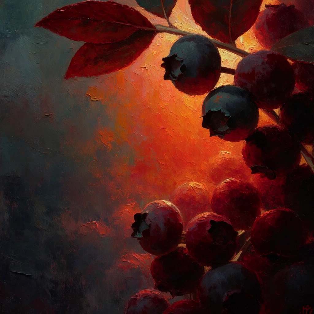 oil painting of a dense cluster of ripe blueberries and lush green leaves, thick impasto brushstrokes, expressive texture, rich indigo and deep violet hues, dramatic chiaroscuro lighting, glowing from within, moody shadows, cinematic macro composition, painterly aesthetic, heavy palette knife marks, fine art quality, ethereal atmosphere, saturated colors, tactile surface, visible canvas texture, impressionistic details.