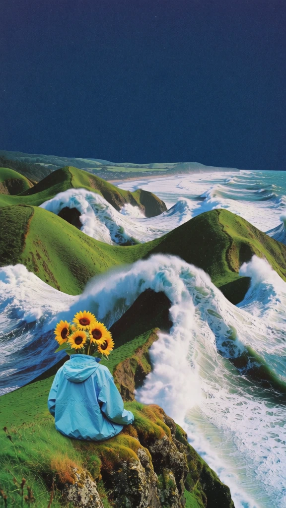 surreal dreamcore aesthetic, a hollow hooded windbreaker on a rocky cliff, vibrant yellow sunflowers bursting from the neck opening, overlooking a vast impossible landscape where rolling green hills morph into crashing white ocean waves under a deep navy sky, nostalgic 90s digital collage style, high contrast lighting, grainy film texture, cinematic shot from behind, saturated cerulean and emerald tones, ethereal and melancholic, crisp details, surreal scale, dreamlike atmosphere.