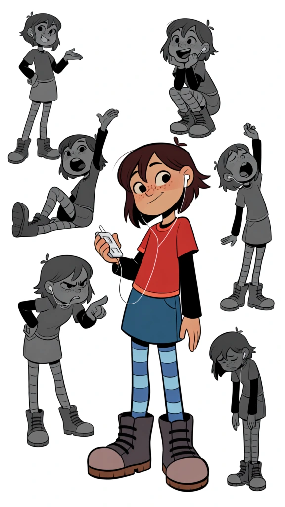 A character design sheet features a young girl with short brown hair and freckles in various expressive poses against a plain white background. The central figure is depicted in full color, standing with a slight tilt of the head, wearing white earbuds connected to a small white music player in her right hand. She wears a red short-sleeved t-shirt over a long-sleeved black shirt, a blue denim-style skirt, blue and light blue horizontally striped leggings, and large, chunky grey lace-up boots with thick brown soles. Seven grayscale sketches of the same character surround the central figure, illustrating a range of emotions and actions. In the top left, she stands with a confident smile, one hand on her hip and the other gesturing outward. Below that, she is sitting on the ground with one arm raised high, her mouth open as if calling out. To the left of the central figure, she is hunched over with a furrowed brow, pointing an accusatory finger forward. In the top right, she crouches with a joyful, wide-eyed expression and hands clasped near her chin. To the far right, she is shown mid-yawn with her eyes closed and one arm stretching upward. In the bottom right corner, she stands slumped forward with her head down and arms hanging limply. The artistic style is a clean 2D digital illustration with bold outlines and a stylized, animation-inspired aesthetic.