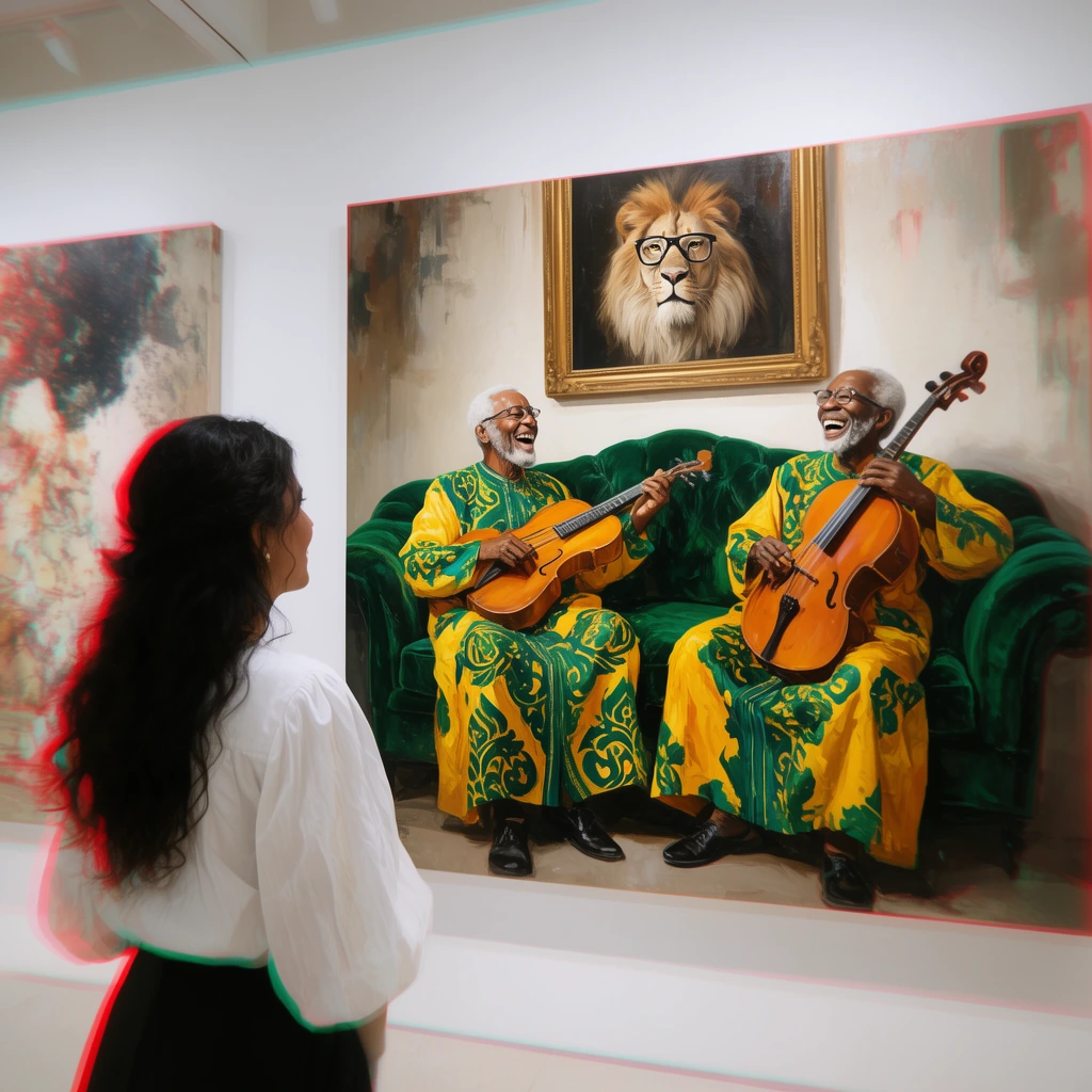 A woman with long dark wavy hair in a white blouse stands in a bright gallery admiring large vibrant canvases. The main painting depicts two elderly musicians in striking yellow and emerald patterned robes laughing on a lush green velvet sofa, with a framed portrait of a spectacled lion hanging above them. The photograph is taken from behind the gallery visitor, characterized by a distinct red chromatic aberration haloing her silhouette against the stark white gallery walls.