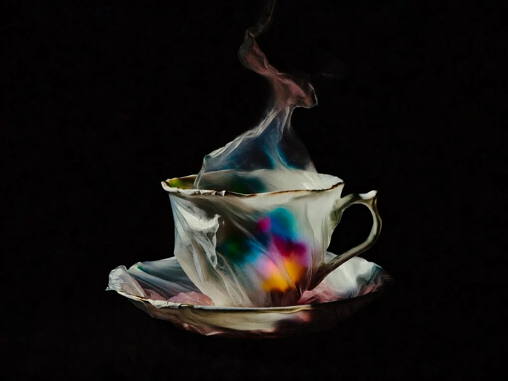 minimalist composition featuring a translucent porcelain cup on a saucer centered in a void of deep black, ethereal wavy lines of steam rising in soft light, dramatic chiaroscuro studio lighting, high-contrast highlights on delicate rims, semi-opaque material with a milky glow, vibrant diffused pops of neon cyan, magenta, and gold radiating from within, crinkled ethereal textures, elegant high-fashion aesthetic, sharp focus on fine details, cinematic atmospheric quality.
