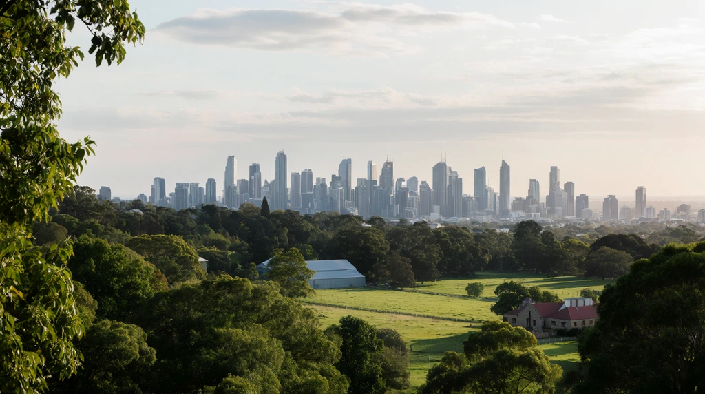 An elevated landscape contrasting a lush green park in the foreground with a hazy modern city skyline. Leafy branches frame dense trees, grassy paddocks, a silver-roofed barn, and a red-roofed stone building. Dozens of sleek skyscrapers rise beneath a pale, softly clouded sky illuminated by gentle natural daylight.