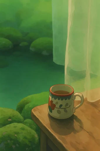 Nostalgic Ghibli Verdancy style reference image — hand-painted gouache and watercolor texture