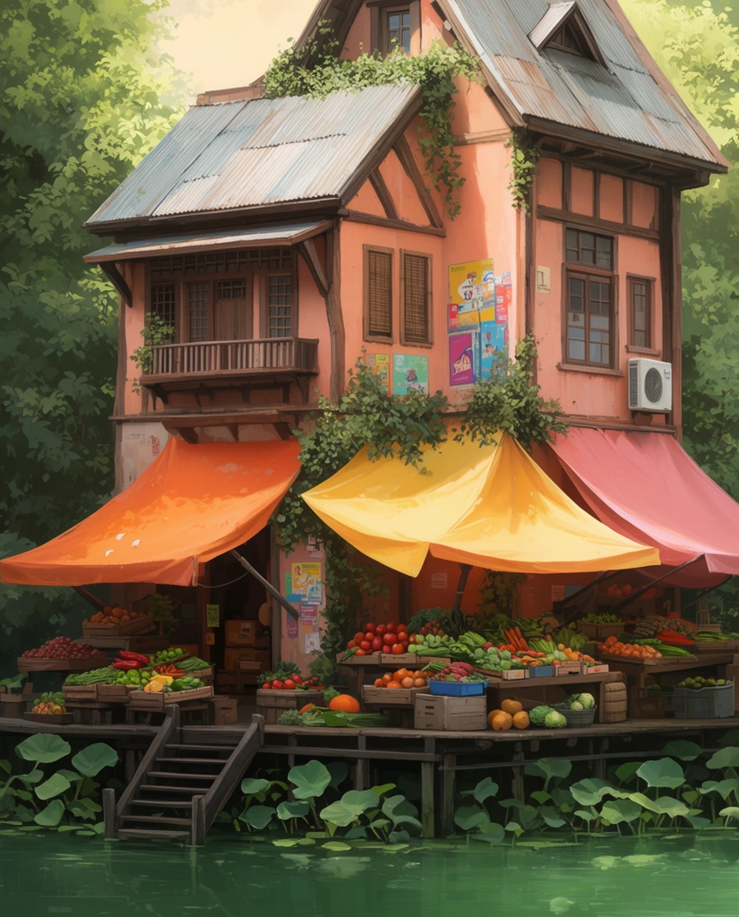 A detailed digital painting of a peach-colored multi-level market building situated on a serene green canal. Dark wooden stairs descend to a dock surrounded by large aquatic leaves. Vibrant canvas awnings shade wooden stalls overflowing with fresh produce. The architecture blends traditional timber framing and corrugated metal roofs with lush climbing vines, an air conditioner, and brightly colored exterior posters. Soft warm sunlight highlights the intricate textures and architectural depth.