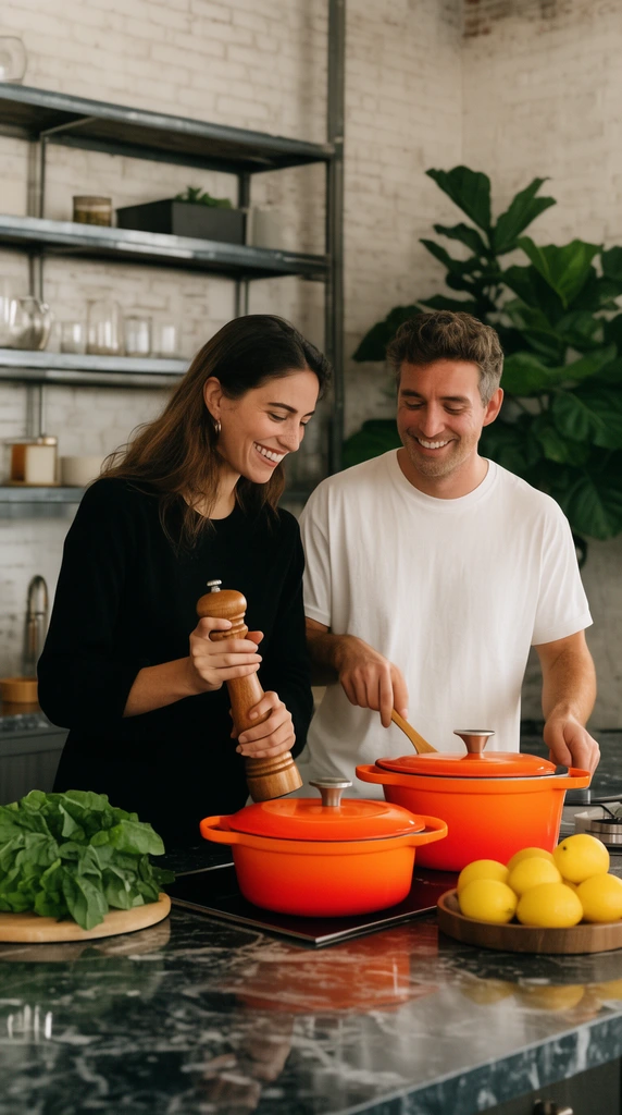 A smiling couple cooks at a dark marble kitchen island laden with vivid orange cookware, fresh greens, and yellow lemons. The woman in a black top uses a wooden pepper mill alongside a man in a white t-shirt. Warm lifestyle photography captures the industrial-chic space, highlighting softly blurred open metal shelving, white brick walls, and a large potted plant.