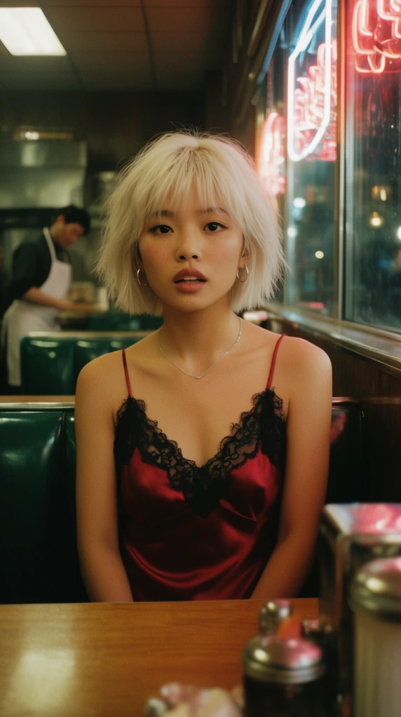 young East Asian woman with short choppy platinum blonde bob, expressive dark eyes, slightly parted lips, crimson silk slip dress with black lace trim, delicate silver necklace, small silver hoop earrings, dimly lit retro diner booth setting, dark green vinyl seats, wooden table in foreground with out-of-focus diner props, neon lights reflecting on a large window behind her, blurred cook in a white apron in the distance, cinematic photography, 35mm film grain, warm nostalgic color grading, soft dramatic neon lighting, shallow depth of field, mid-shot framing