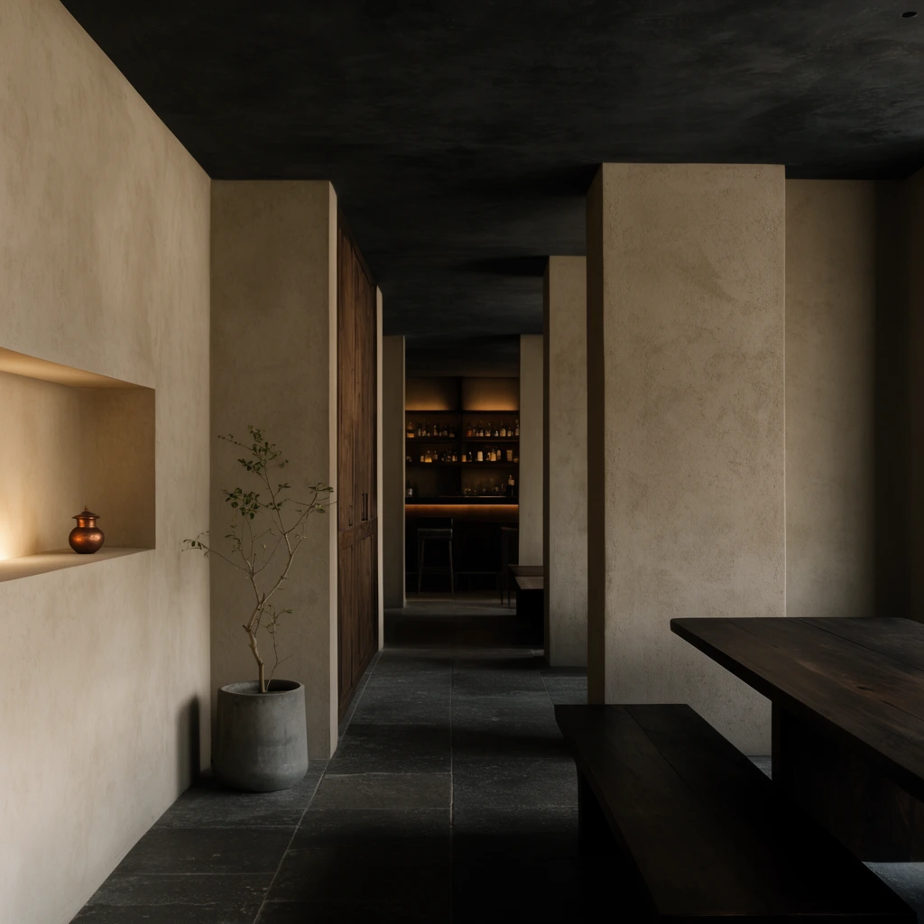 A minimalist interior defined by monolithic textured beige walls and dark stone flooring beneath a charcoal ceiling. A softly illuminated wall alcove displays a small copper urn, while a sparse plant in a gray pot rests nearby. To the right, a dark wooden table and bench emerge from deep shadows. The corridor extends past heavy architectural pillars and a wooden cabinet toward a dimly lit background bar with warm shelving. The composition features moody chiaroscuro lighting, earthy neutral tones, and a serene wabi-sabi aesthetic.