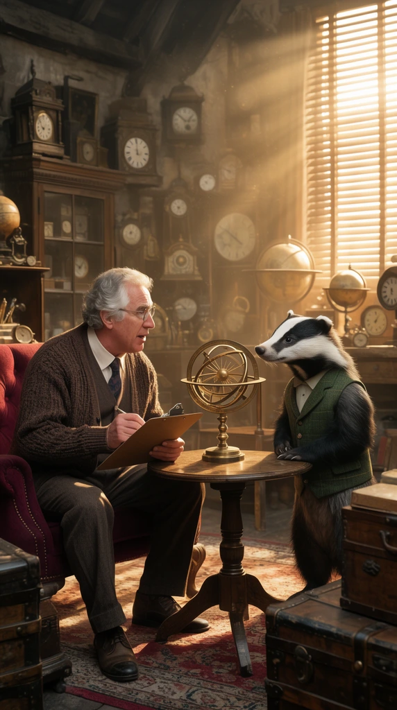 An older man in a brown cardigan sits on a maroon armchair holding a clipboard, speaking to a small anthropomorphic badger in a green tweed waistcoat. They sit across a round wooden table displaying a brass astrolabe. The room is a sunlit, cluttered workshop filled with antique clocks, globes, and wooden trunks. Warm, golden sunlight streams through slatted blinds on the right, casting volumetric rays across the cinematic, dusty interior.