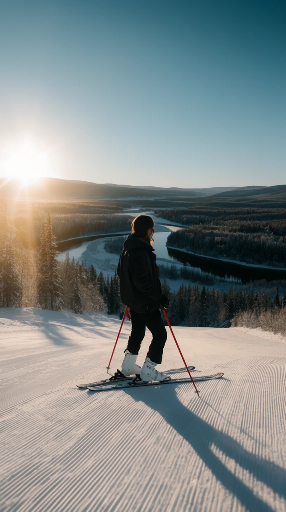 skier standing on a groomed slope, dark jacket, white ski boots, red poles, long dark shadow stretching across corduroy snow, sprawling background valley with winding dark river and evergreen forests, brilliant sun glare on left horizon, clear blue sky, wide-angle landscape photography, crisp golden hour light