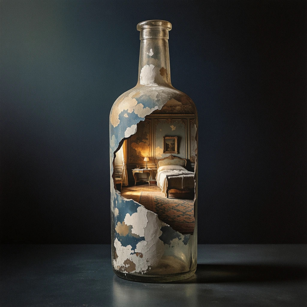 surrealist composition of a weathered glass bottle with a blue-mottled cloud-like fresco texture, a jagged aperture reveals an ornate classical bedroom interior illuminated by warm golden light, atmospheric chiaroscuro lighting with heavy shadows, grainy painterly aesthetic, high contrast, moody, dark vignetted background, detailed textures of aged glass and interior linens, soft diffusion, cinematic depth, vintage color palette, classical architectural details