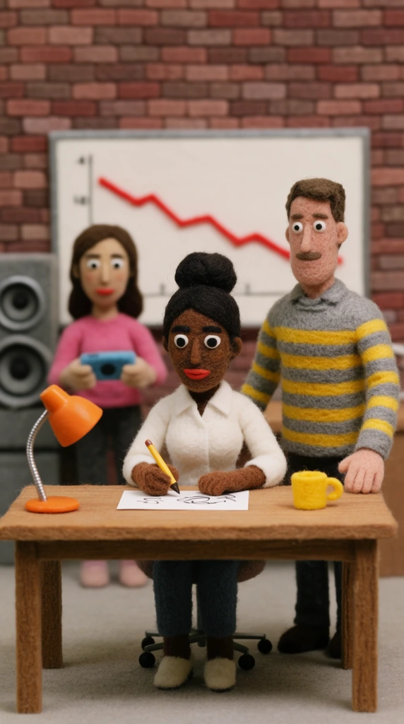 stop-motion felt animation, three handmade puppet characters in a brick-walled office, central woman with dark skin and hair bun wearing a white shirt drawing on desk paper, tall man to right in grey and yellow striped sweater leaning on desk, blurred woman left in pink top holding a blue device, wooden desk with orange lamp and yellow cup, background white board with red descending line graph, large grey speaker, soft studio lighting, tactile fuzzy textures, miniature diorama aesthetic
