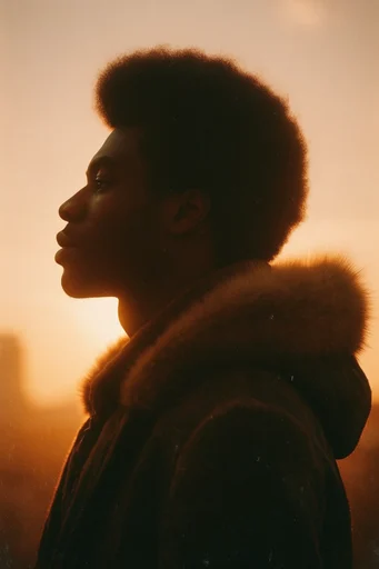 Luminous Amber Silhouette style reference image — analog film grain