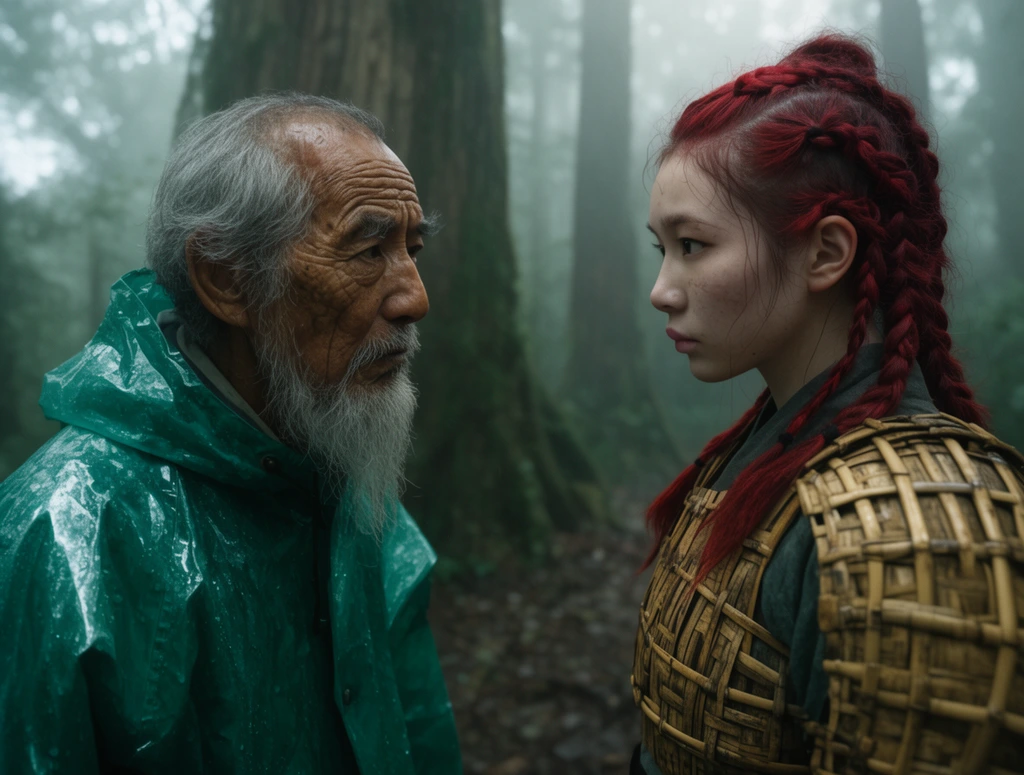 An elderly man and a young woman share a tense standoff in a misty forest. The weathered man, wearing an emerald rain slicker, stares at the pale woman clad in woven bamboo armor and red braids. Softly blurred giant tree trunks fade into dense background fog. A cinematic medium two-shot captures shallow depth of field and dramatic natural lighting to emphasize gritty facial textures.