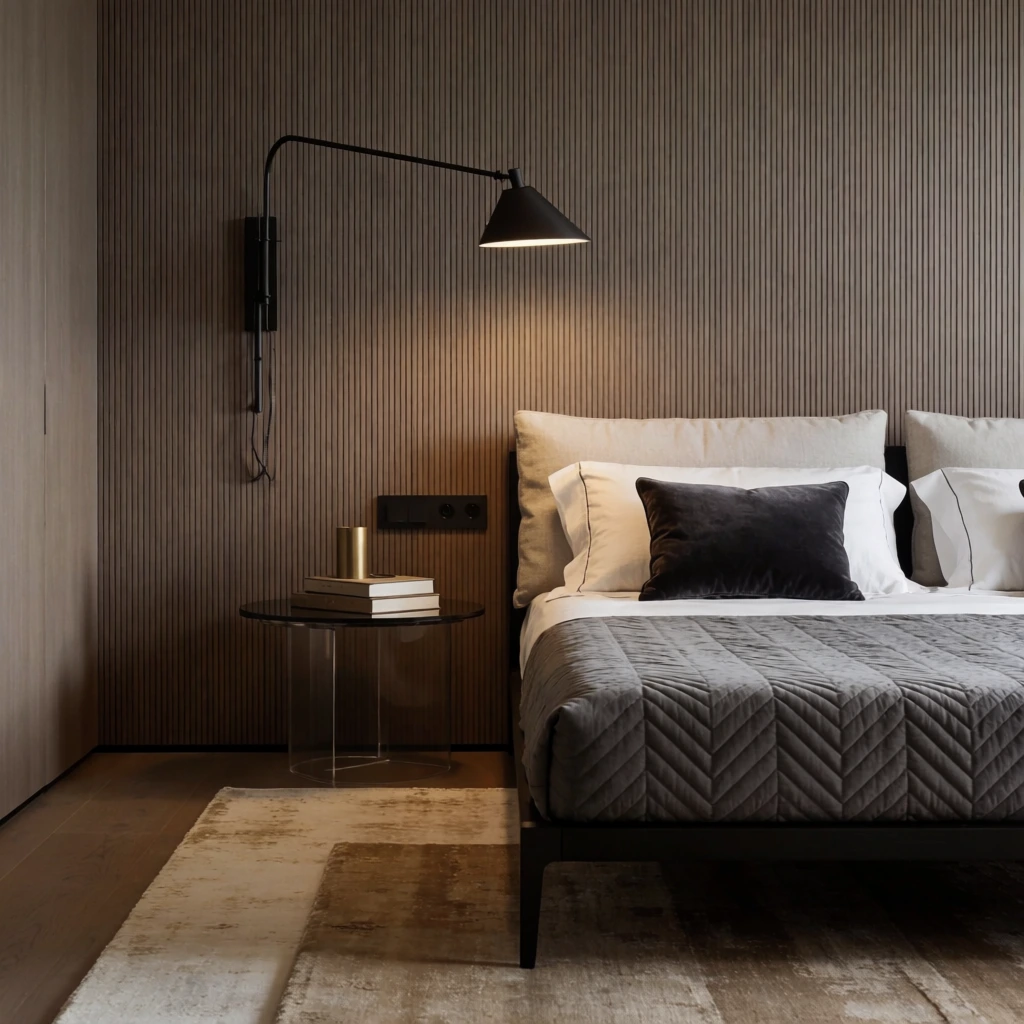 modern minimalist bedroom interior, sleek black wall-mounted swing-arm lamp with conical shade, warm brown vertical slatted wall paneling, bed with dark frame, grey chevron quilted coverlet, dark charcoal velvet accent pillow, crisp white linens, light beige headboard pillows, round bedside table with transparent base, stacked bound volumes, brass cylinder, black wall switch plate, layered beige and tan area rug, hardwood floor, sophisticated architectural photography, photorealistic styling, soft moody ambient lighting, precise shadows, earthy taupe and charcoal color palette