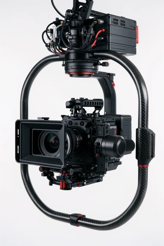 A professional black cinema camera mounted inside a carbon fiber ring-style motorized gimbal stabilizer. The complex rig features a matte box, battery module, intricate wiring, and subtle red accents. Photographed against a seamless white background under even studio lighting.