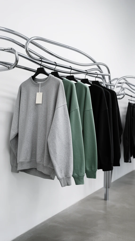oversized heather gray, muted green, and black sweatshirts on black hangers, suspended from an undulating tubular chrome clothing rack, blank tag, stark white wall, smooth gray concrete floor, minimalist industrial retail display, soft diffused lighting